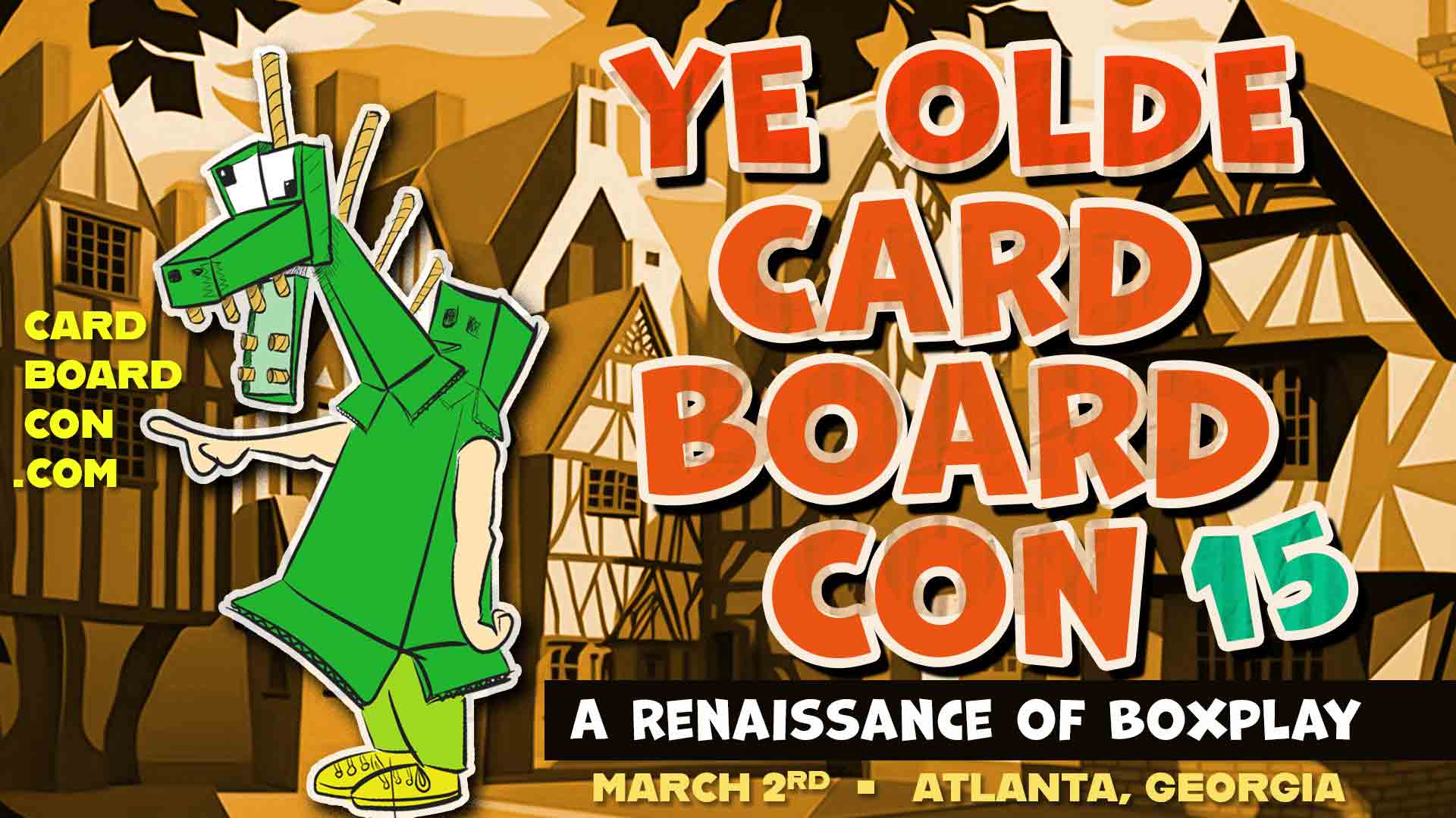 Ye Olde Cardboard Con poster illustration by famed illustrator Drewprops featuring a cardboard boxplay dragon in front of a renfaire village.